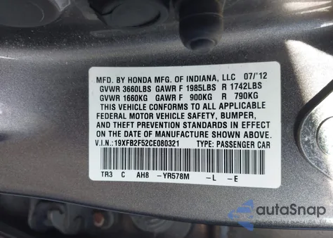 2012 Honda Civic Lx from USA, damaged, VIN 19XFB2F52CE080321
